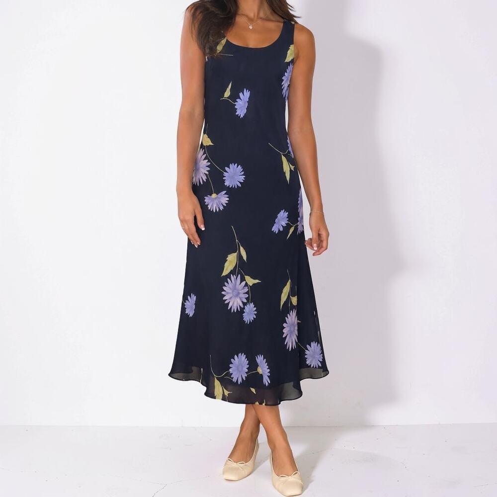 Y2K Studio I Navy Floral Chiffon Sleeveless Midi Dress Size 8